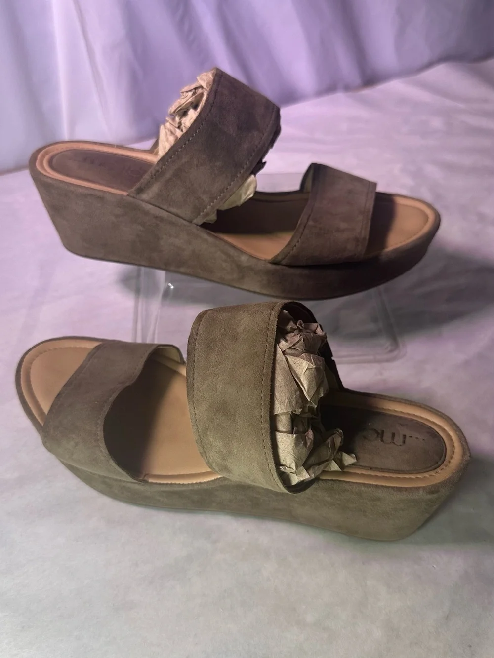 Two-Strap Suede Wedge Sandal - Cognac Brown